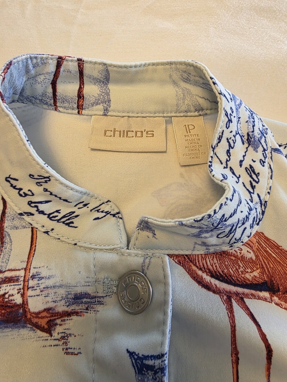 Chico's 'BON VOYAGE'Light Blue Printed Denim Jacket with Floral & Bird Motifhico - Picture 8 of 10